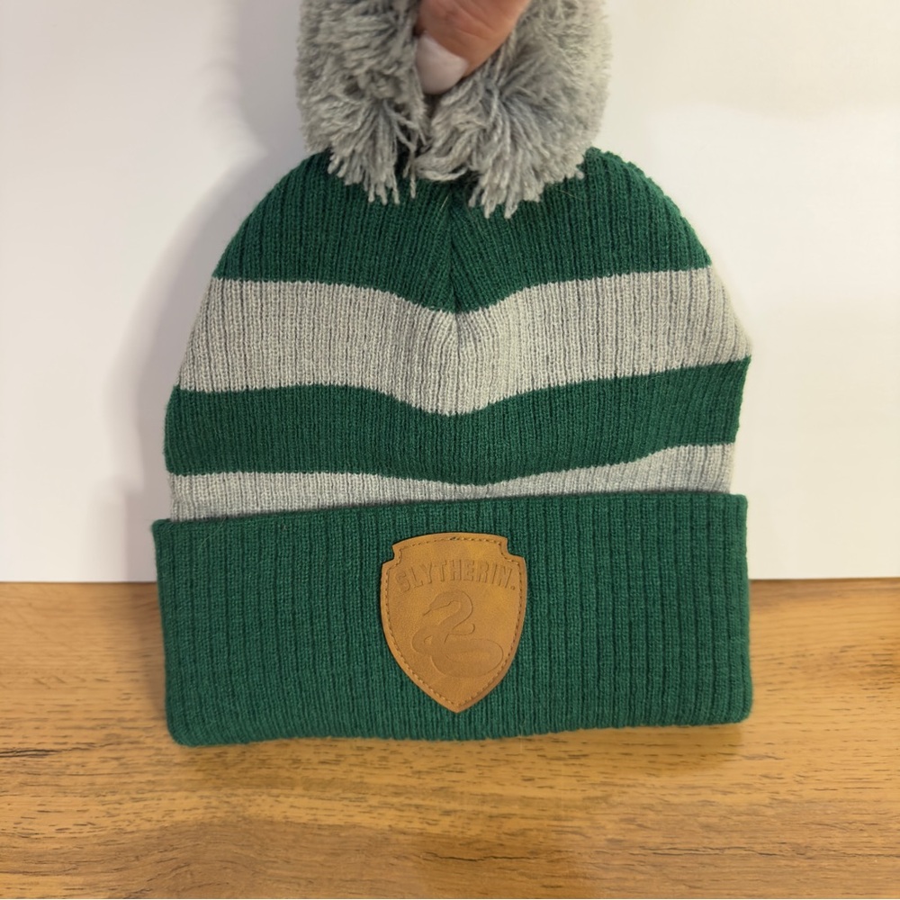 NWT Harry Potter Slytherin Striped Beanie with Pom-Pom, Grey and Green